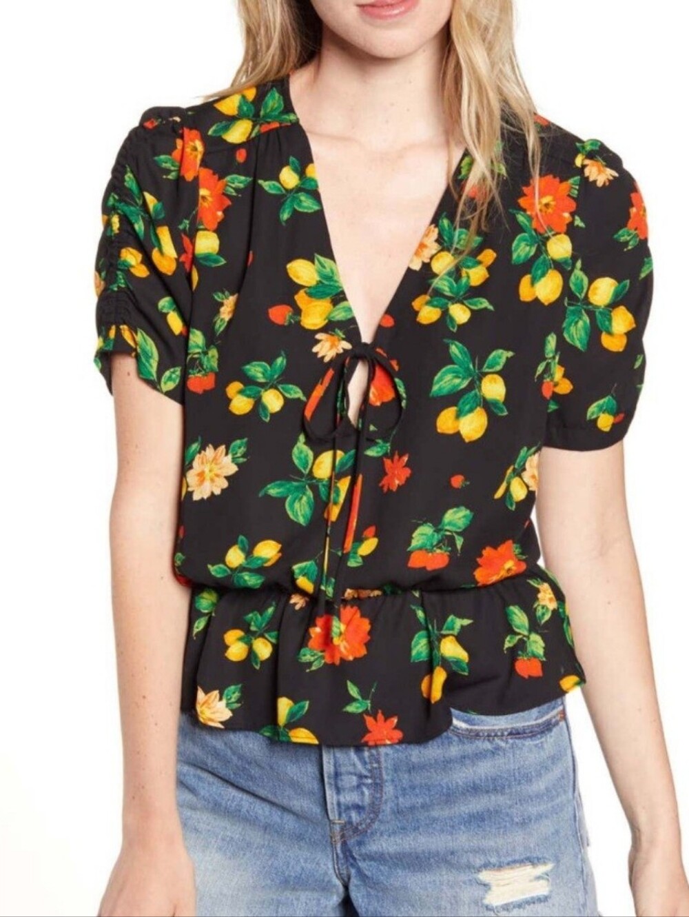 Socialite XS‎ Lemon Floral Print Ruched Sleeve Flirty Summer Blouse Top Citrus